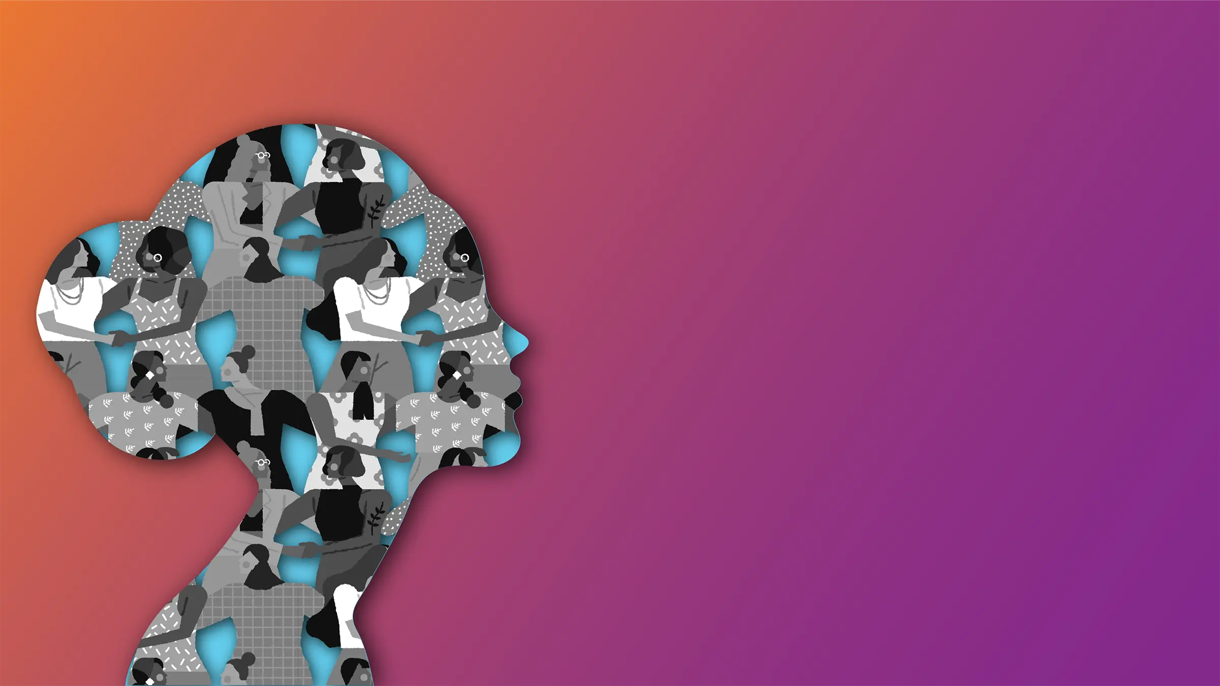 Illustration: a woman's profile filled with dozens of smaller figures of women at work, set against an orange-to-purple gradient.
